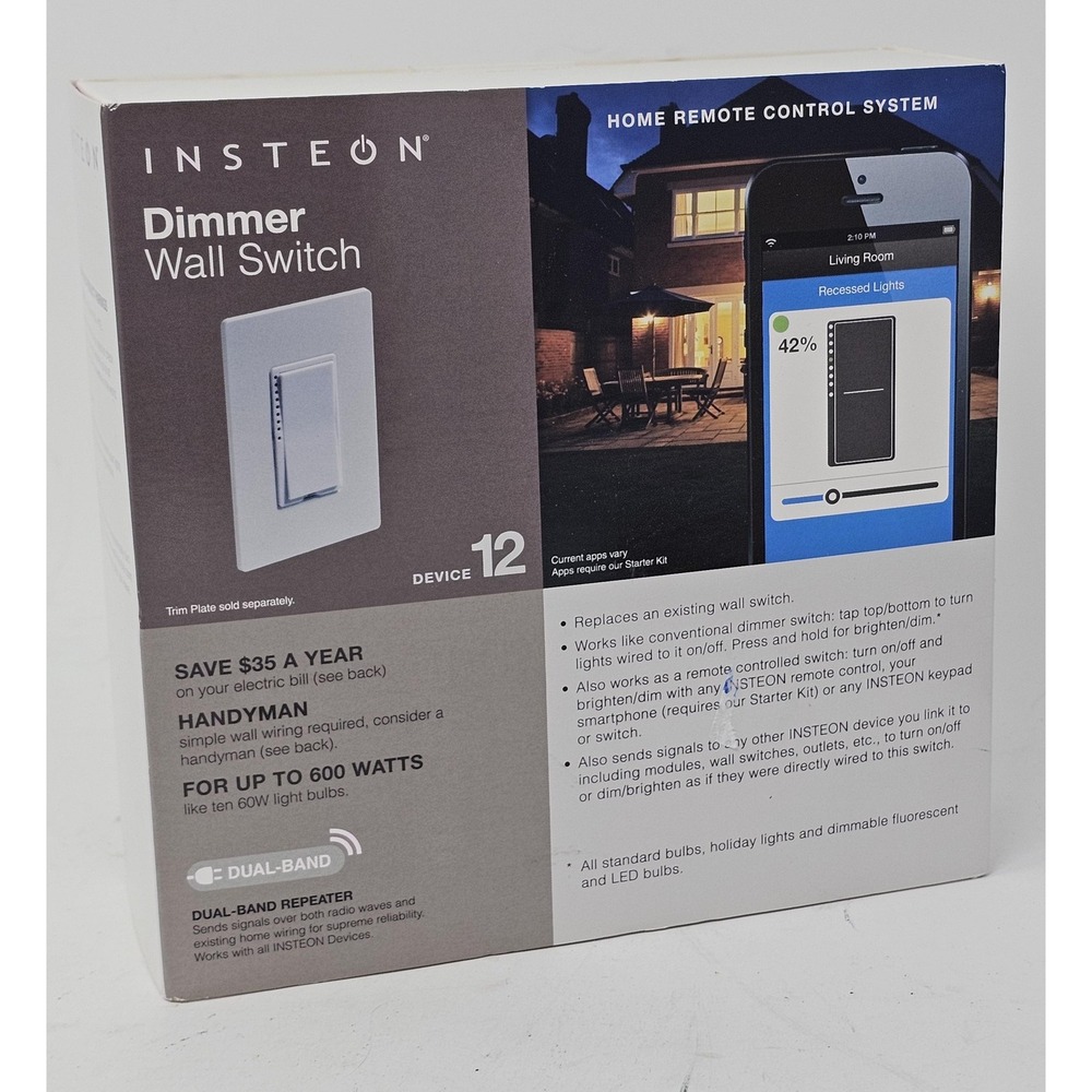 Insteon Dimmer Wall Switch Device 12 Dual-Band Smart Remote Light Control White